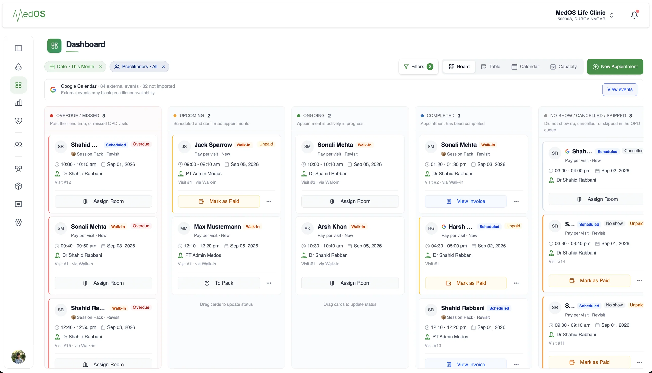 The MedOS appointment board: overdue, upcoming, ongoing and completed visits for the practice, with the Google Calendar sync notice above the columns