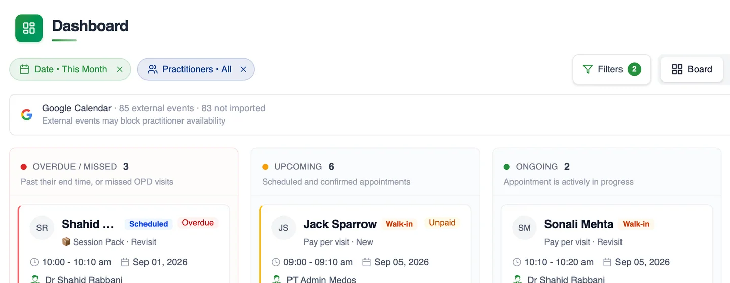 The top of the MedOS board: filters, the Google Calendar notice and the upcoming and ongoing columns