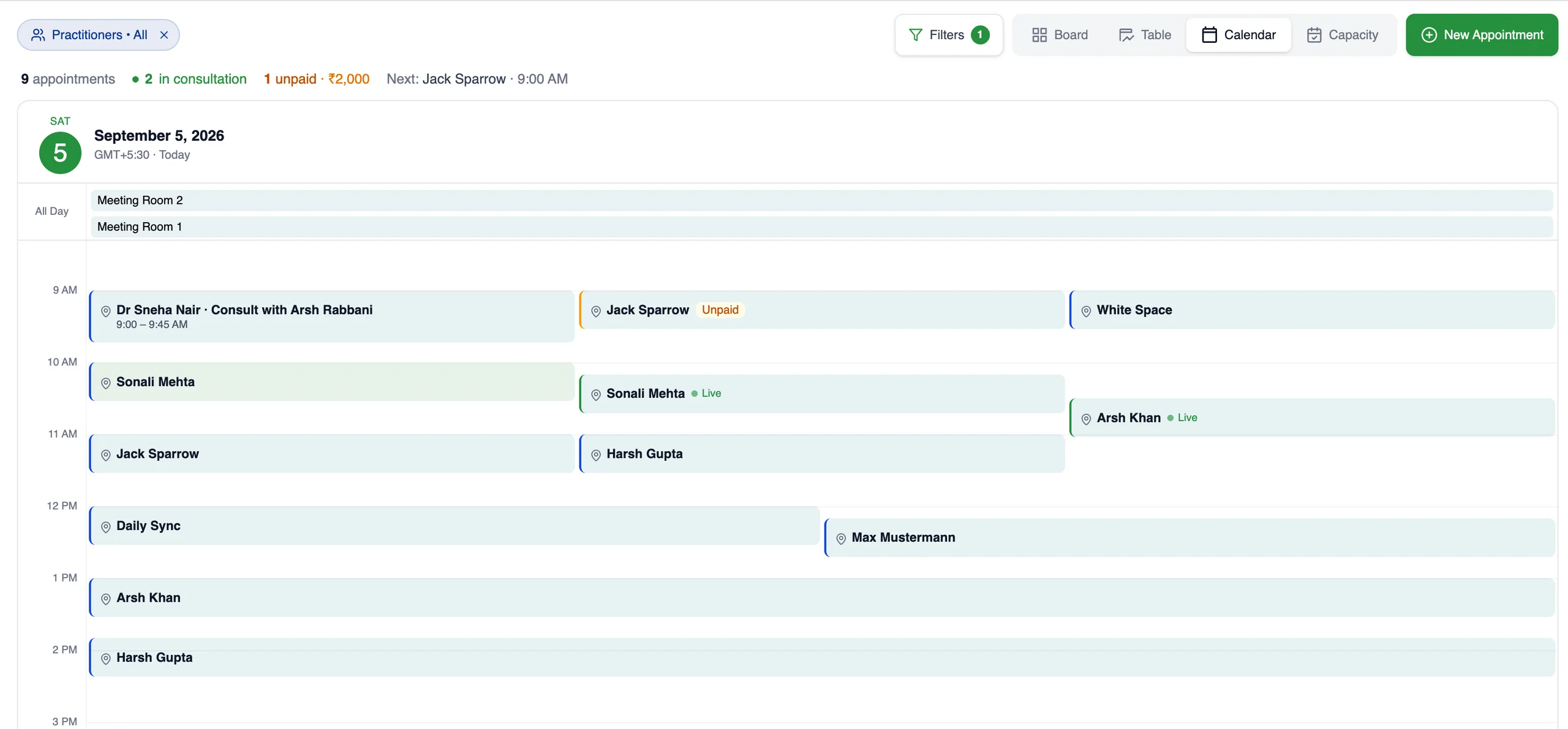 MedOS calendar, day view for Saturday 5 September 2026: 9 appointments, 2 in consultation, next Jack Sparrow at 9:00 AM