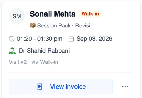 Completed board card: Sonali Mehta, Session Pack · Revisit, 01:20 to 01:30 pm on Sep 03, 2026, view invoice
