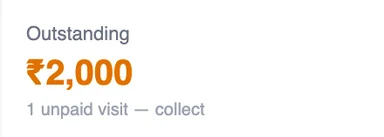 Patient record stat: outstanding ₹2,000, one unpaid visit to collect