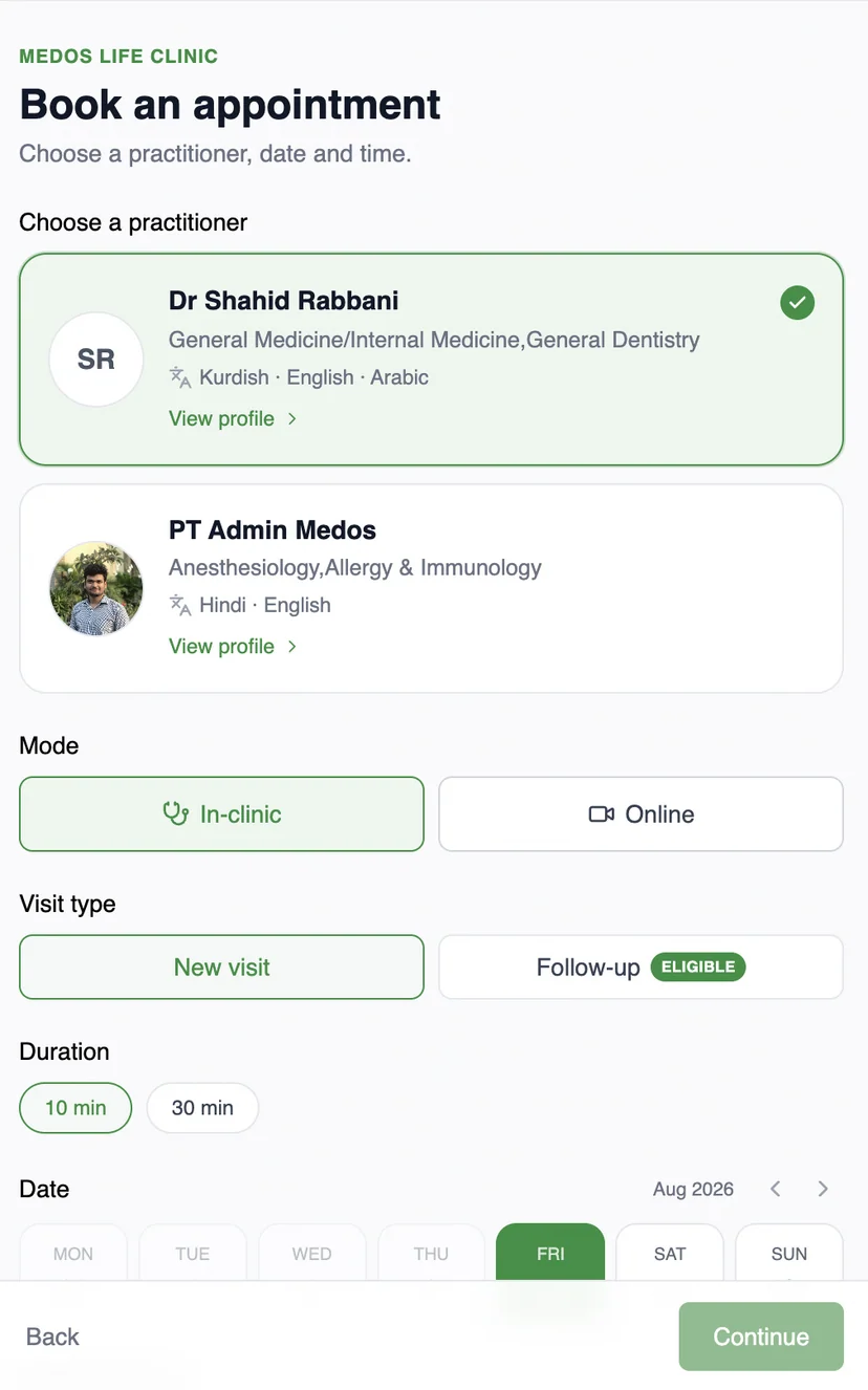 The MedOS booking widget inside the clinic website: choose a practitioner, mode and visit type