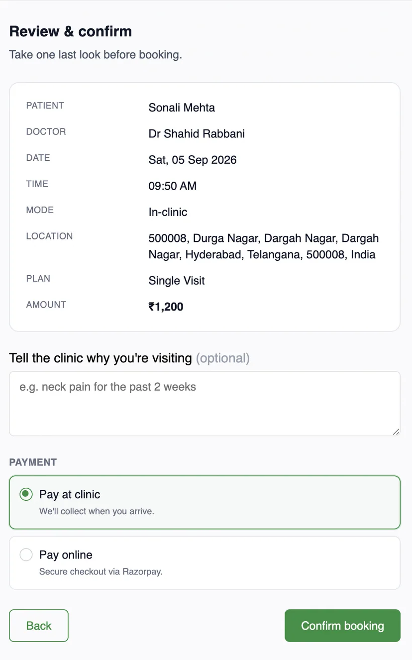MedOS patient portal, review and confirm: patient, doctor, date, time, mode, location, plan and amount