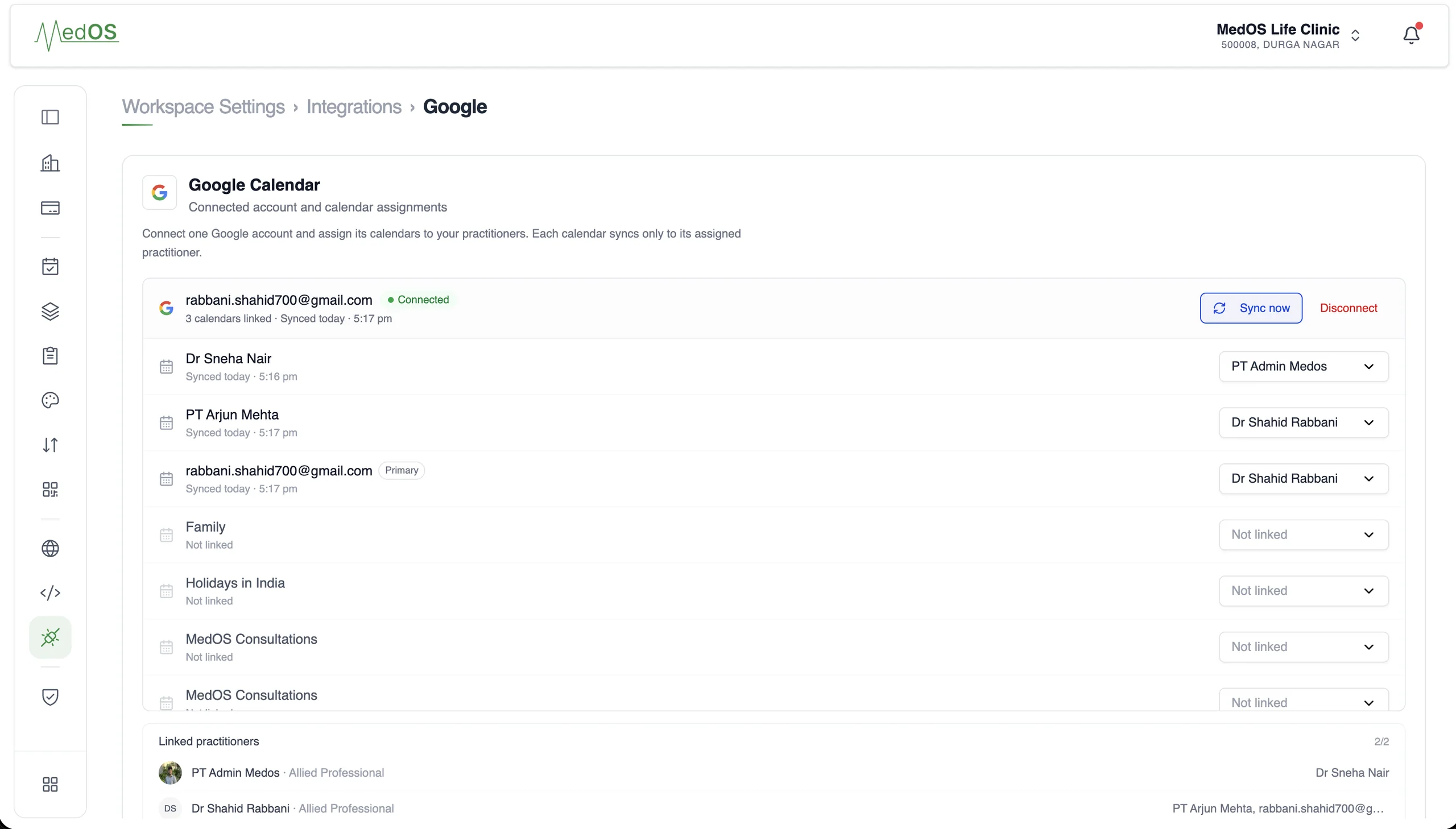 MedOS Google Calendar integration settings: a connected account, calendars each assigned to one practitioner, and unlinked calendars left out