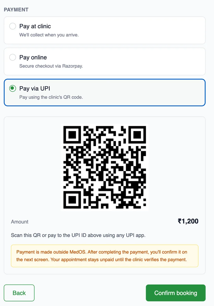 MedOS patient portal payment step: pay via UPI selected, the clinic’s own QR code, the amount of ₹1,200, and the notice that the appointment stays unpaid until the clinic verifies the payment