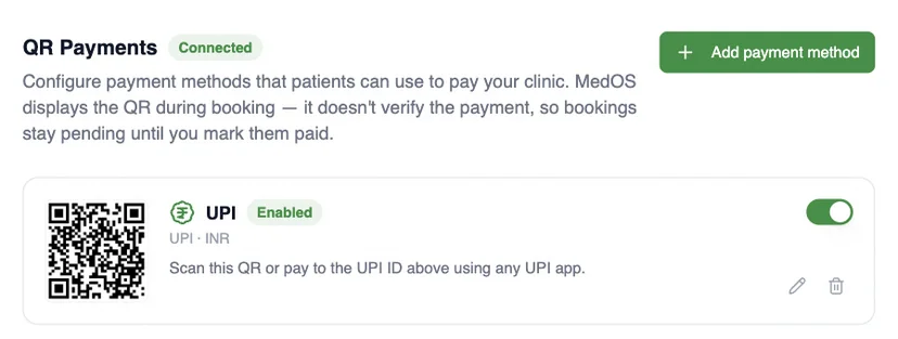 QR payments settings, connected: MedOS displays the QR during booking and does not verify the payment, so bookings stay pending until you mark them paid. UPI method enabled with the clinic’s QR.